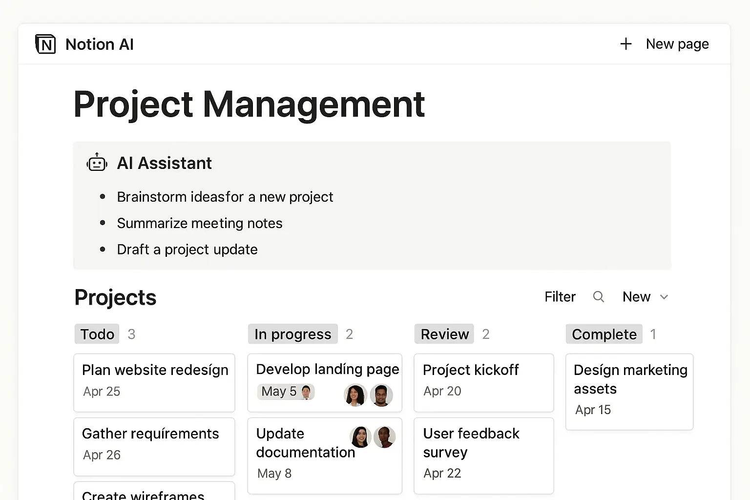 Notion AI interface with project management features
