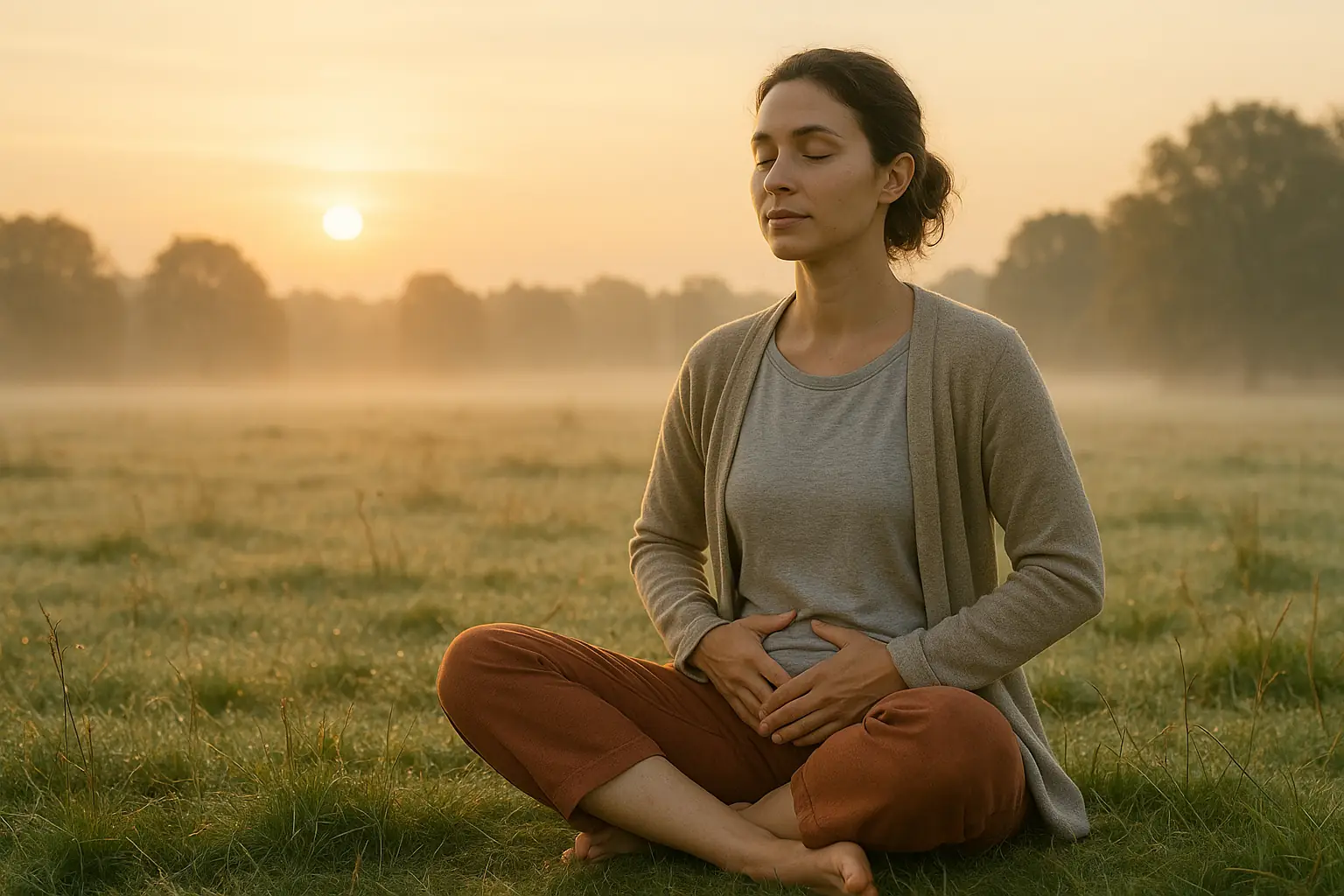A serene morning scene with a person practicing grounding