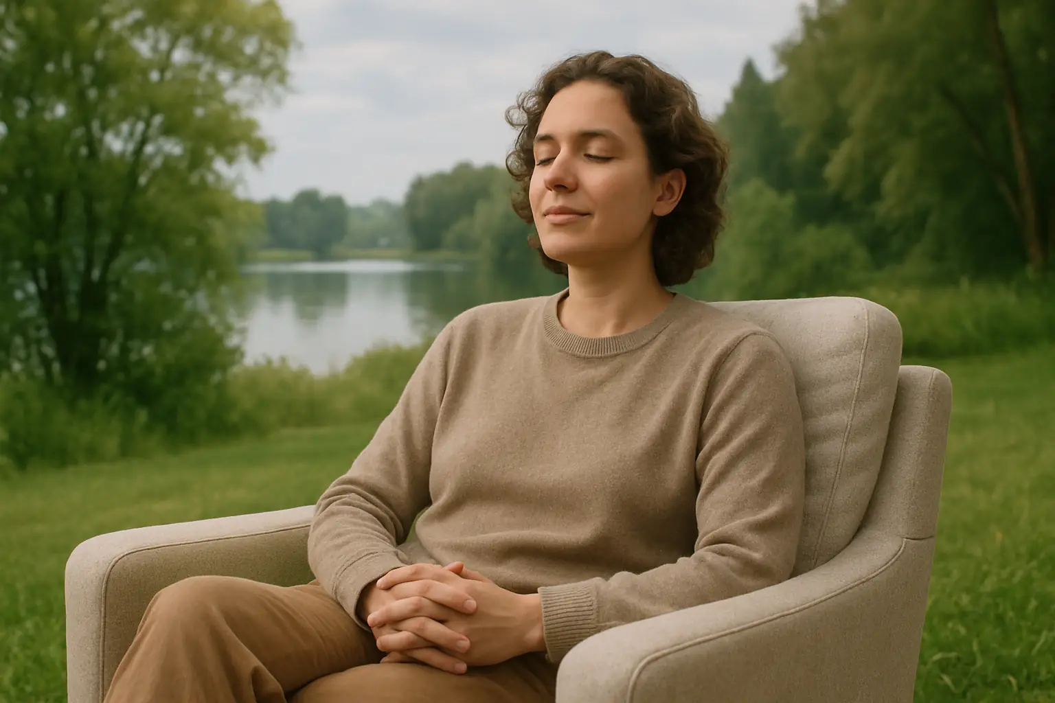 A person sitting comfortably in a serene environment
