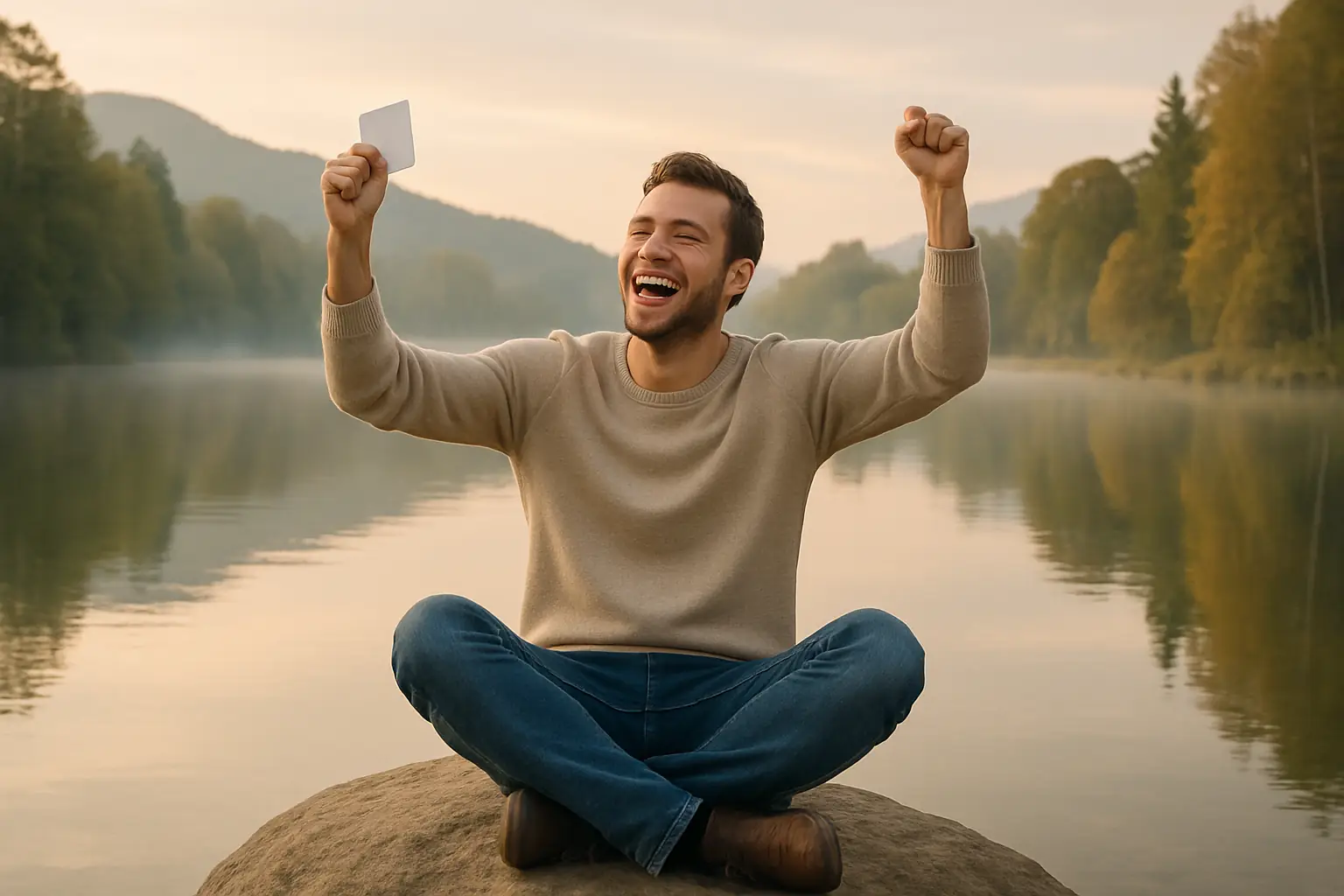 A person celebrating a small success in a serene environment