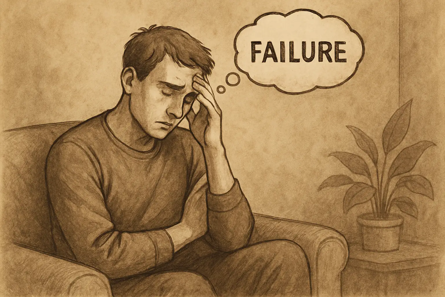 A person reflecting on a failure in a calm setting