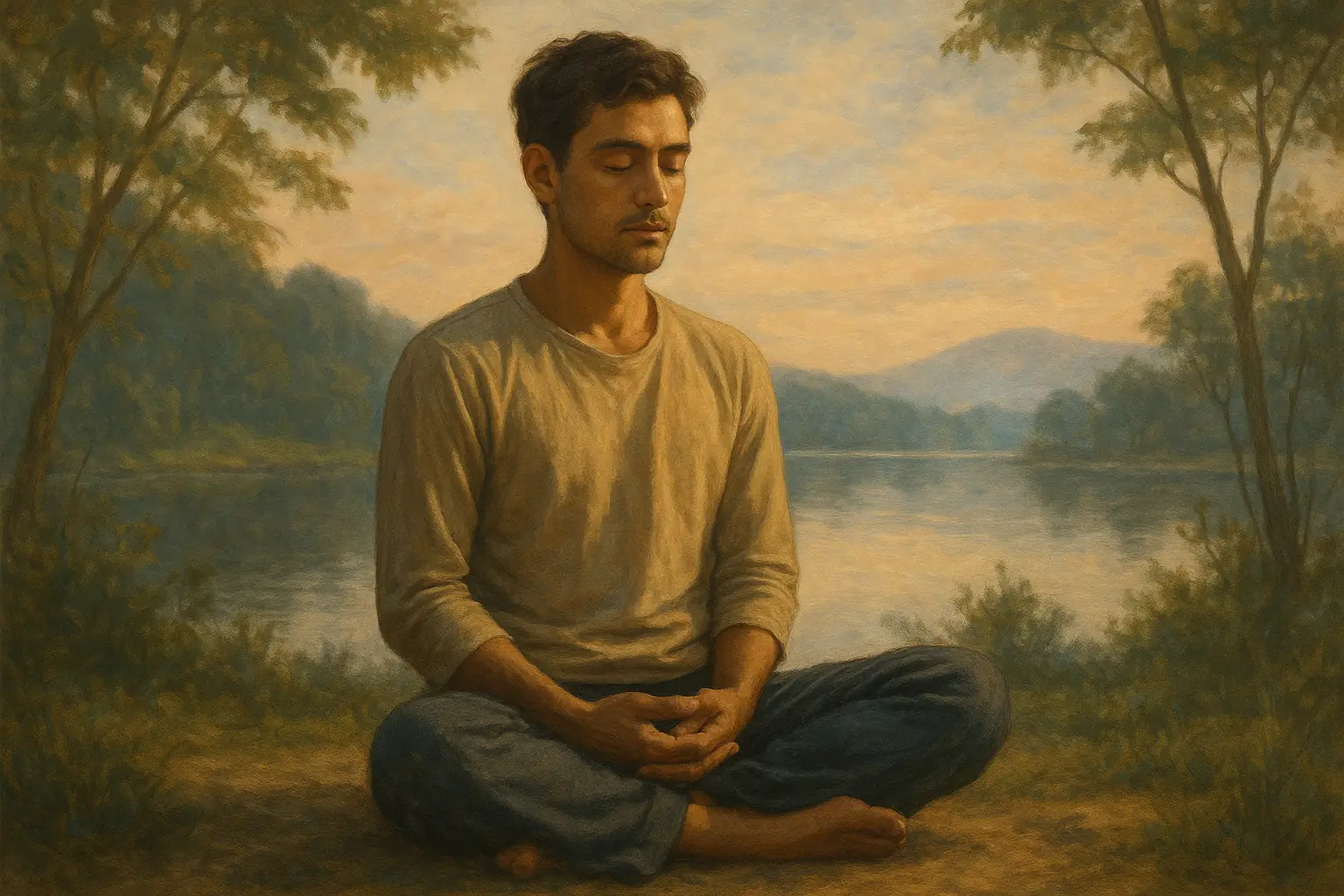A tranquil meditation scene with a person deep in thought