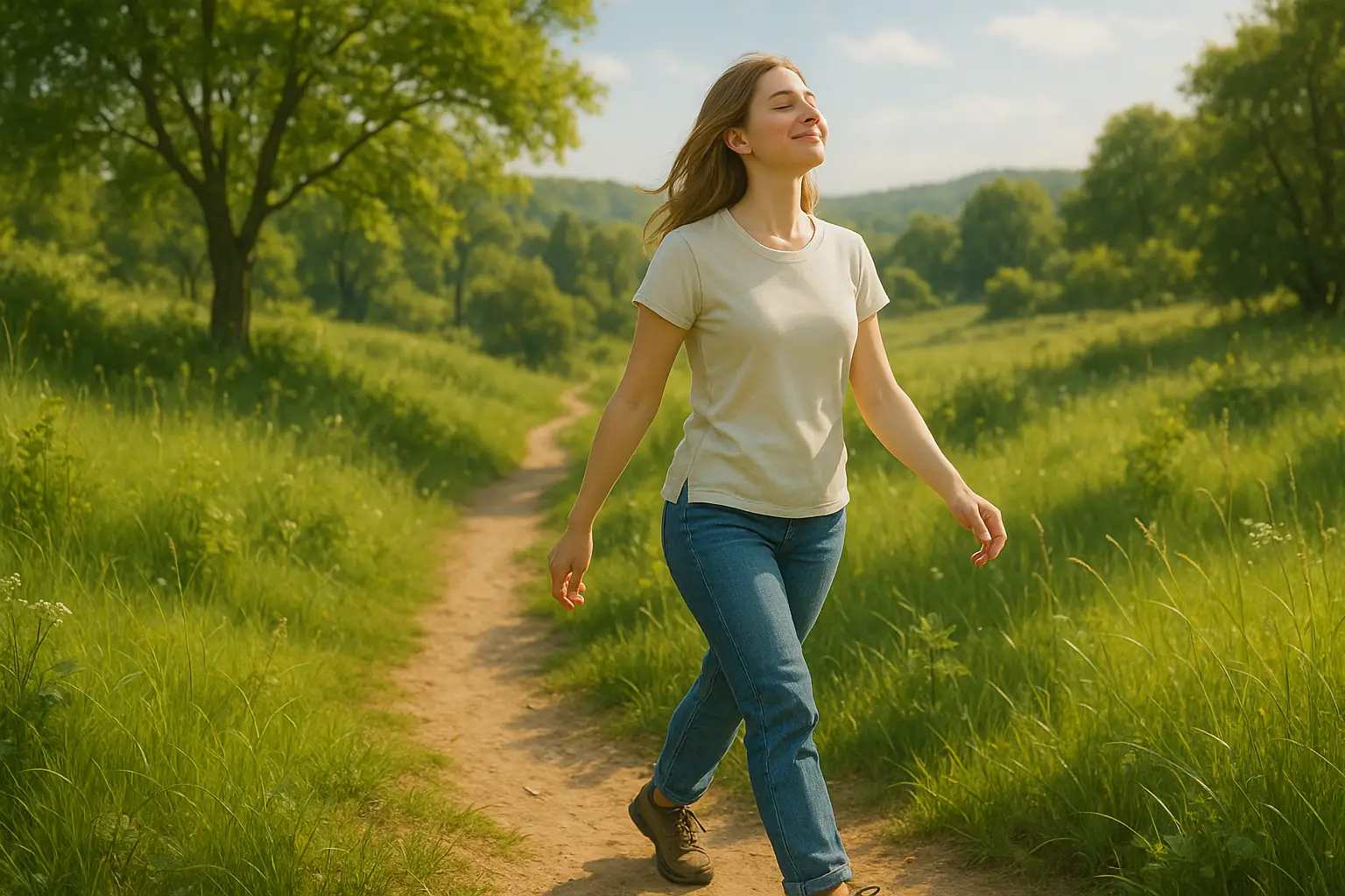 A person walking in nature, emphasizing well-being