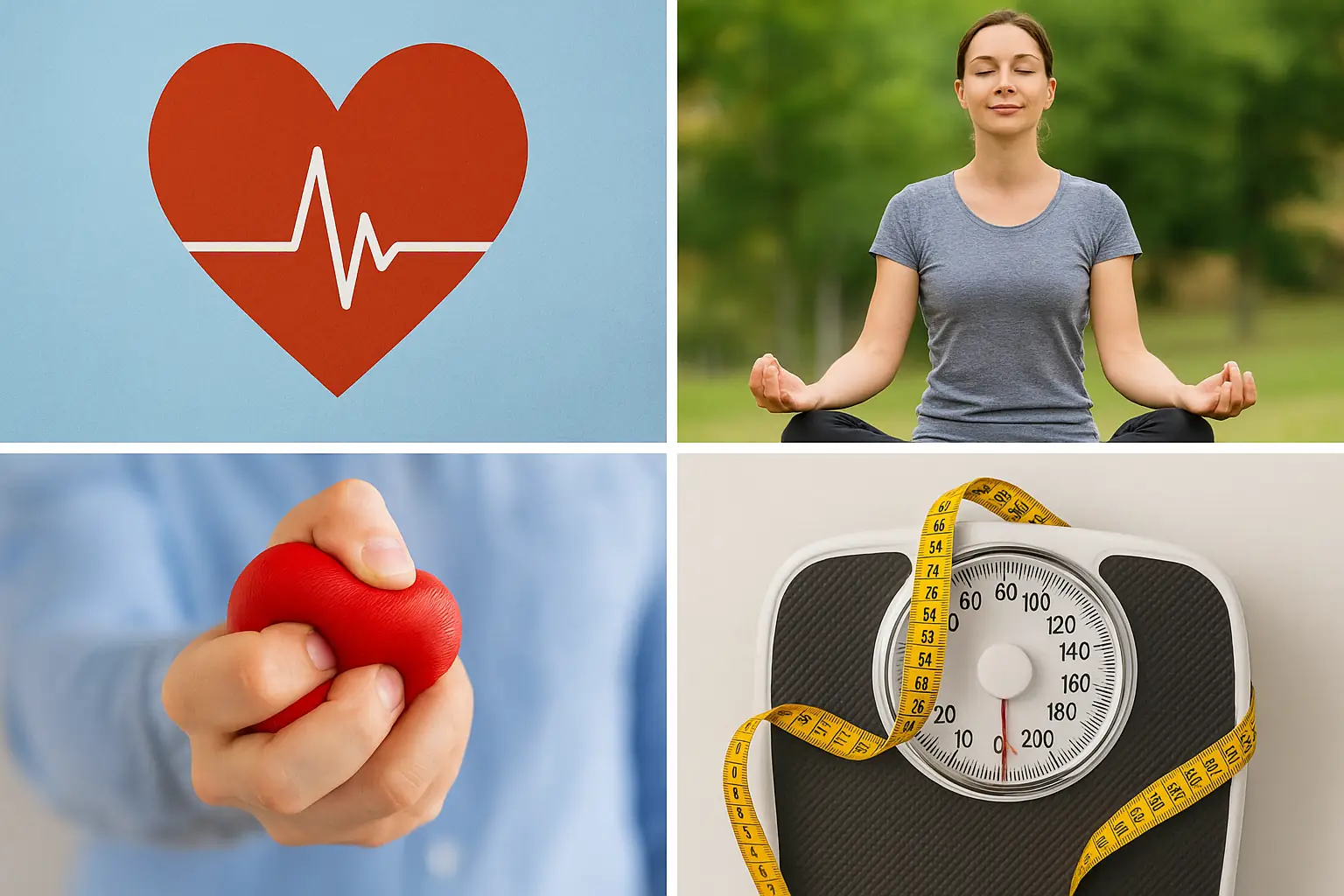 A collage of heart health, stress relief, and weight management