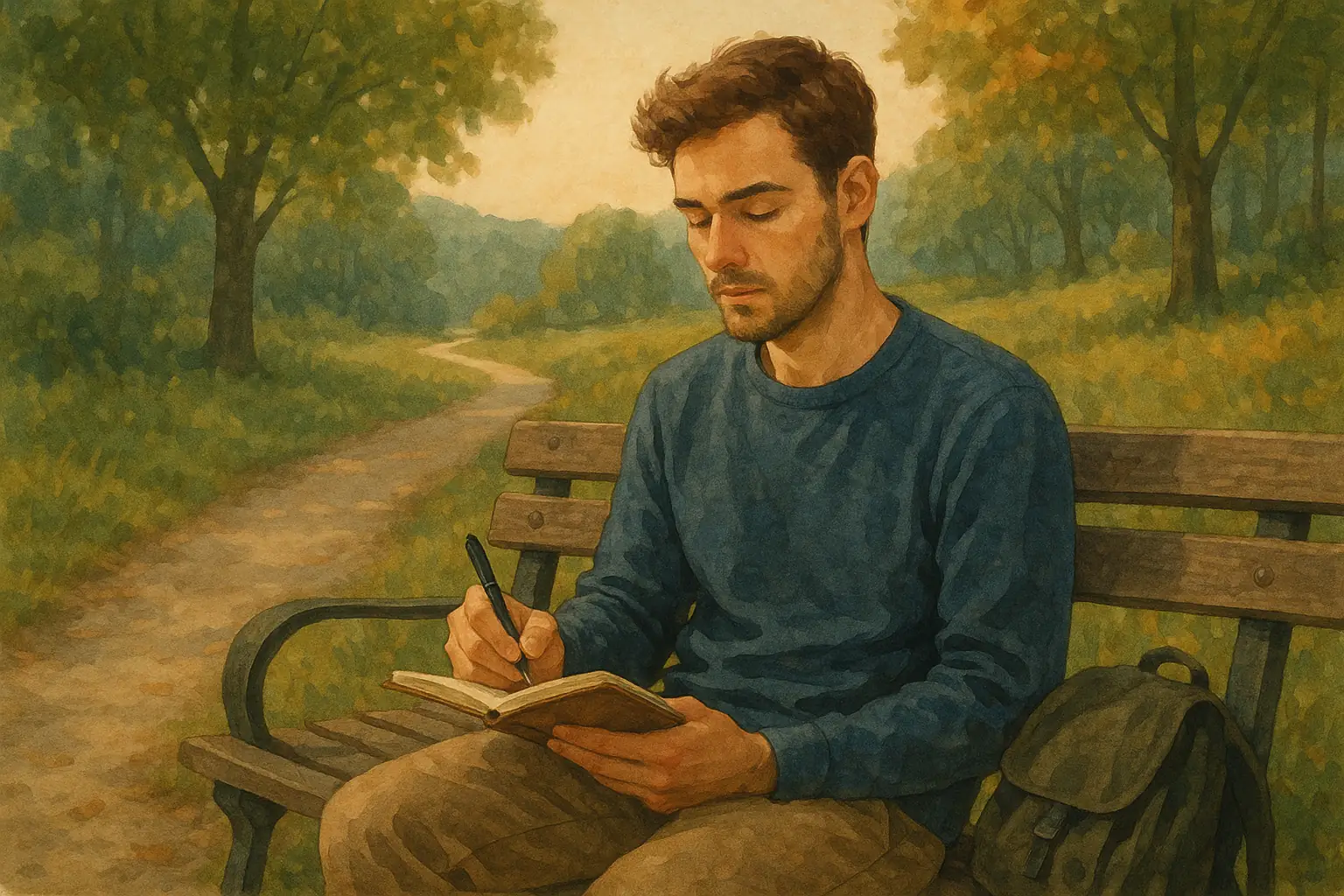 A person reflecting with a journal after a walk