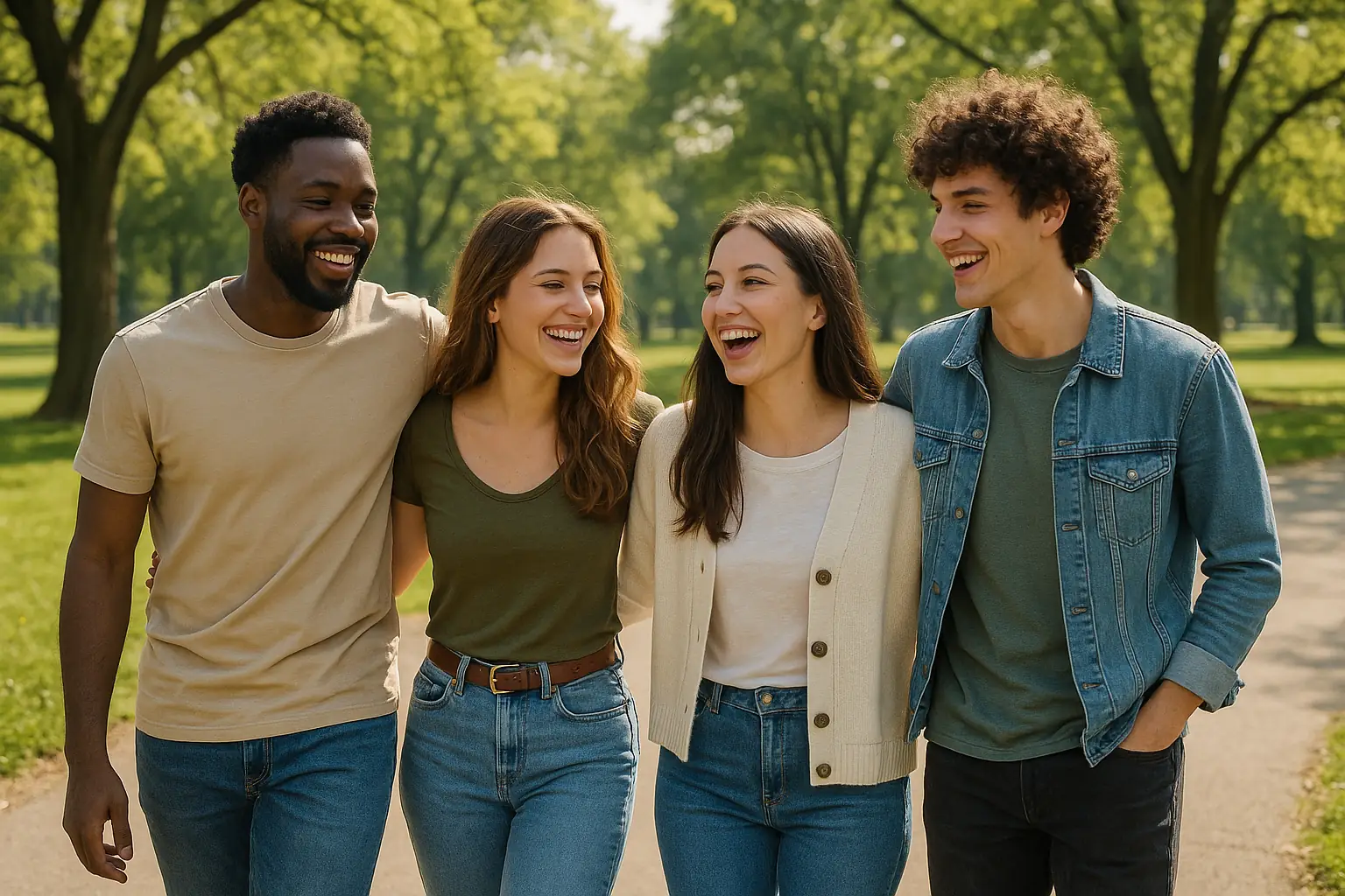 A group of friends walking together in a park