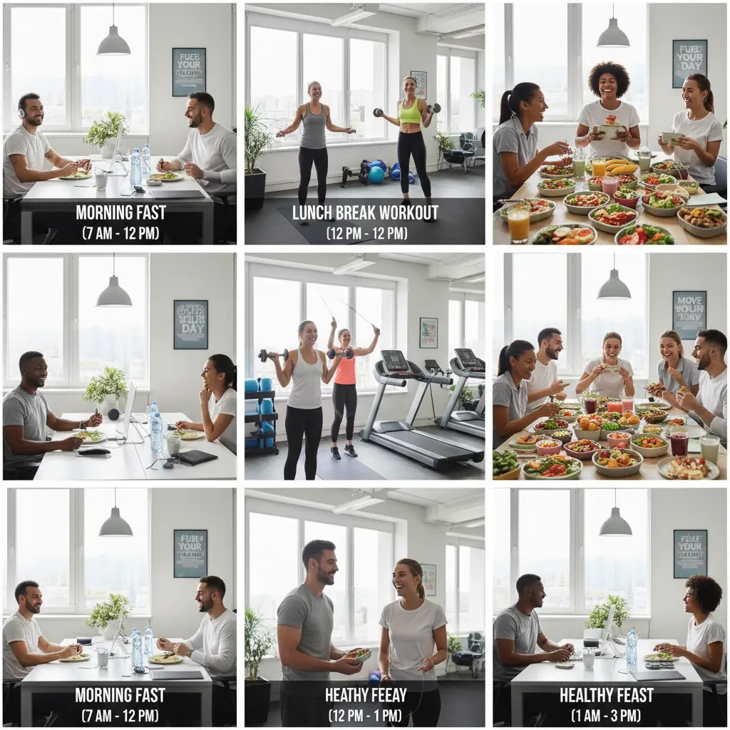 Office Workers Practicing Intermittent Fasting, Exercising, and Enjoying Meals Happily