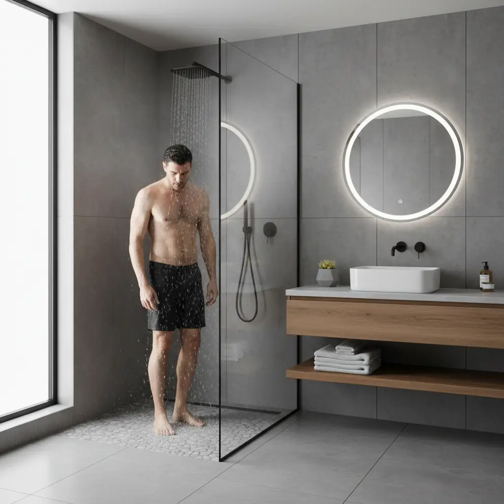 A person taking a cold shower in a modern bathroom