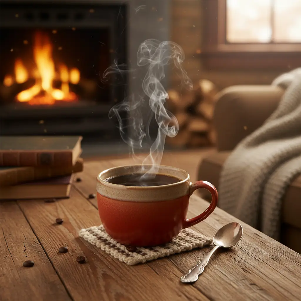 A cup of coffee with steam rising, symbolizing warmth and energy.