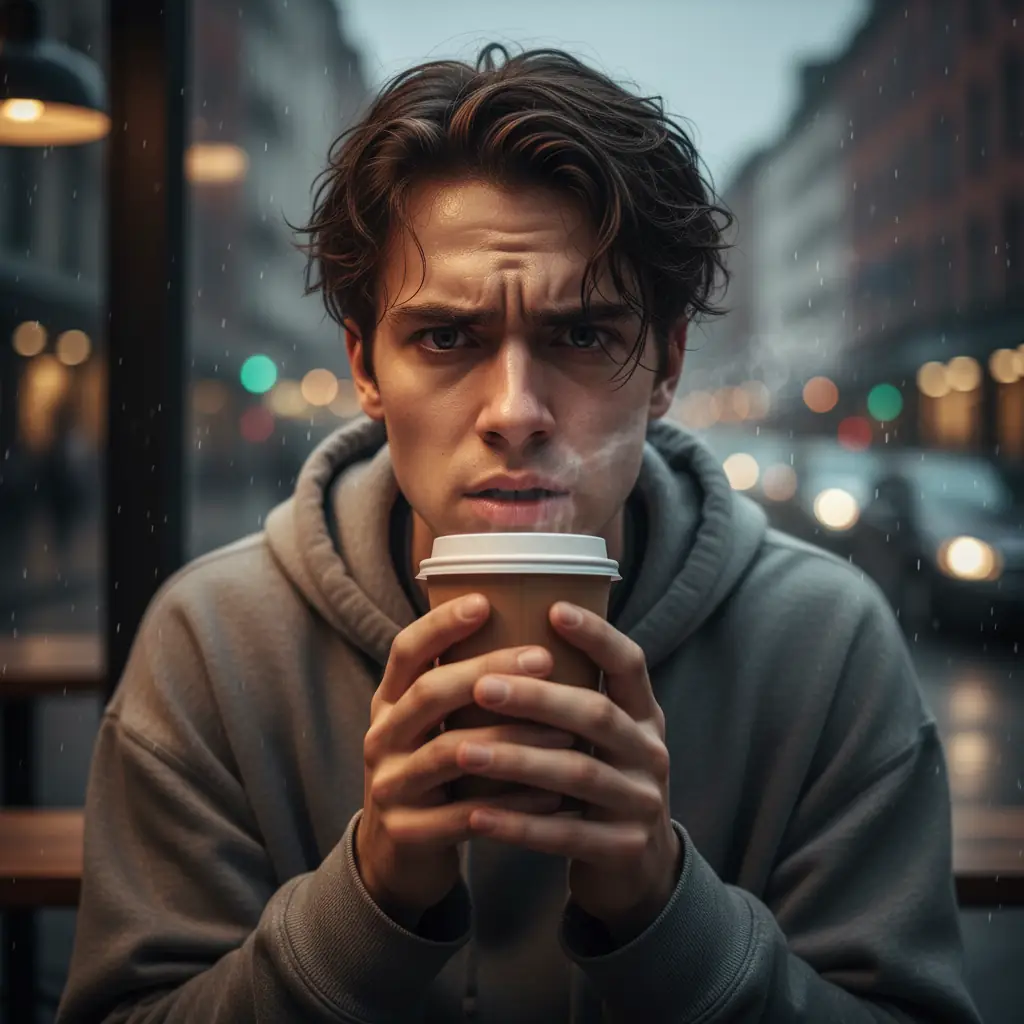 A person looking stressed with a cup of coffee in hand, illustrating anxiety.