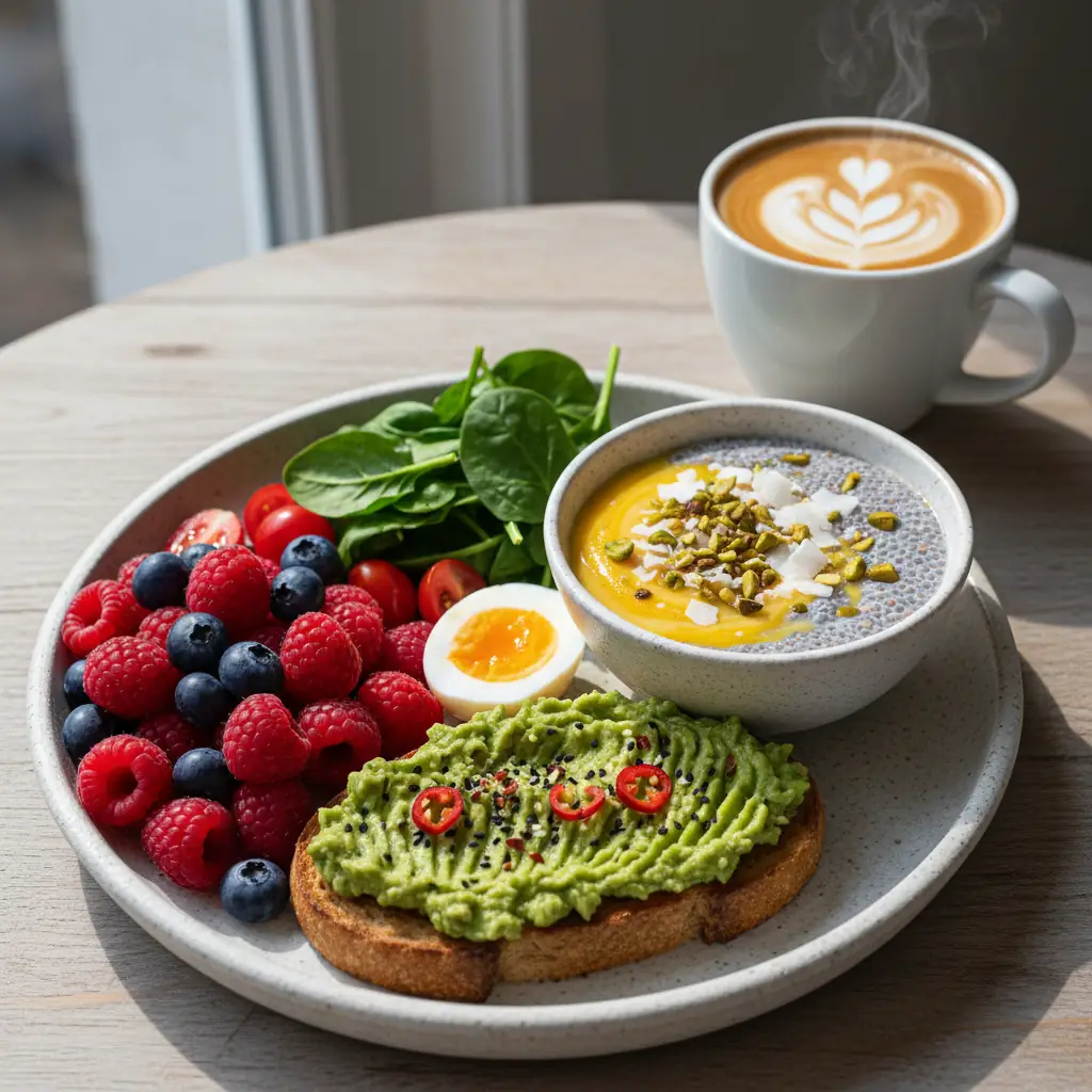 A balanced breakfast with coffee, symbolizing a healthy routine.