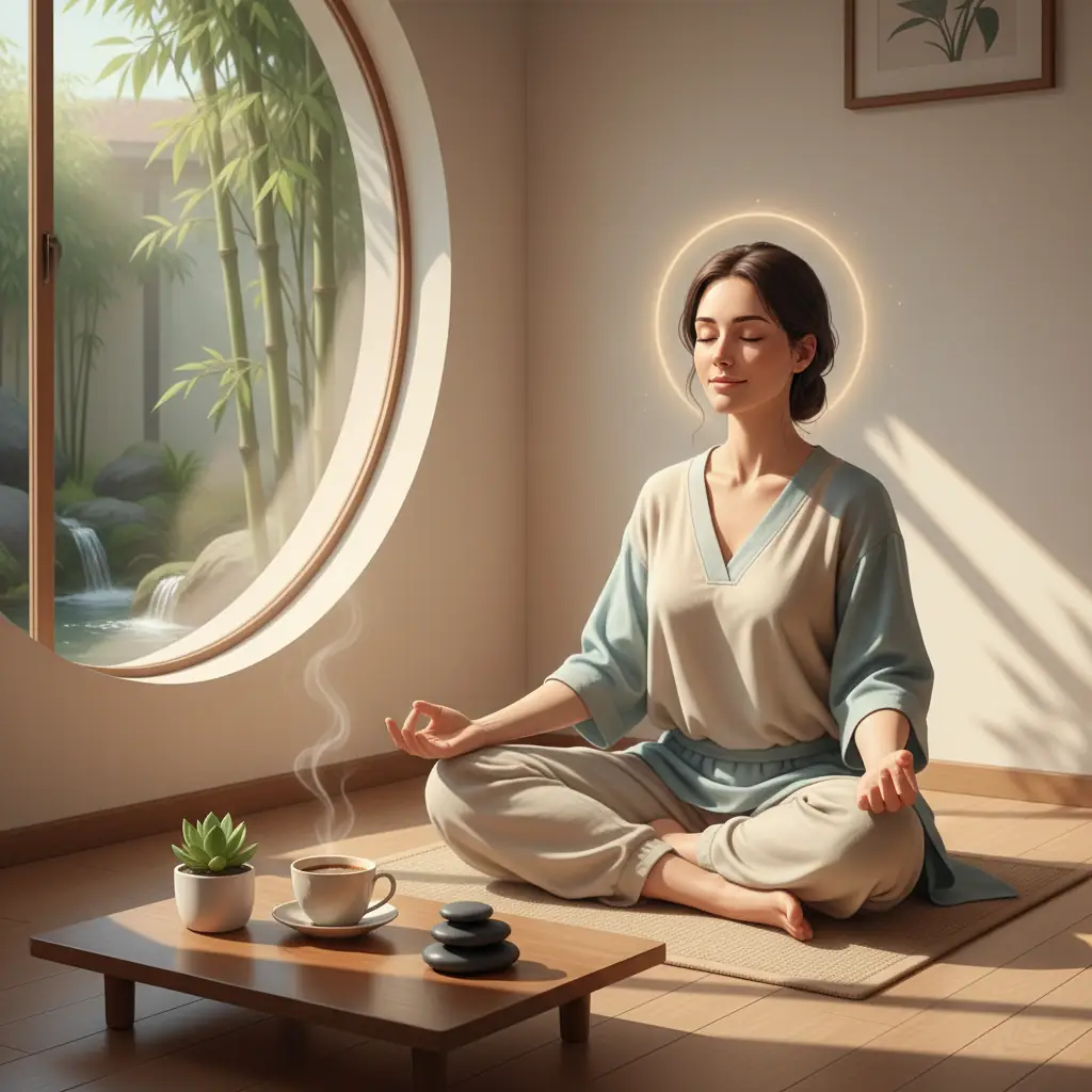 A serene person meditating with a coffee cup nearby, showing balance.