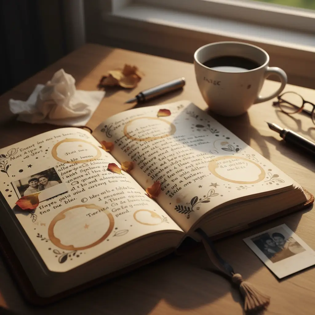 A journal with coffee stains, reflecting personal experiences.