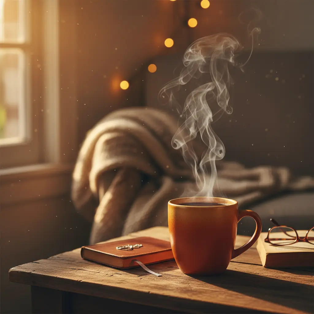 A cup of coffee with steam rising, symbolizing warmth and energy.