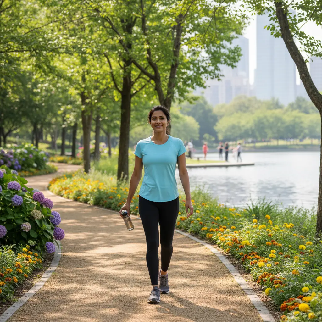 A person walking in a park, symbolizing health and wellness.