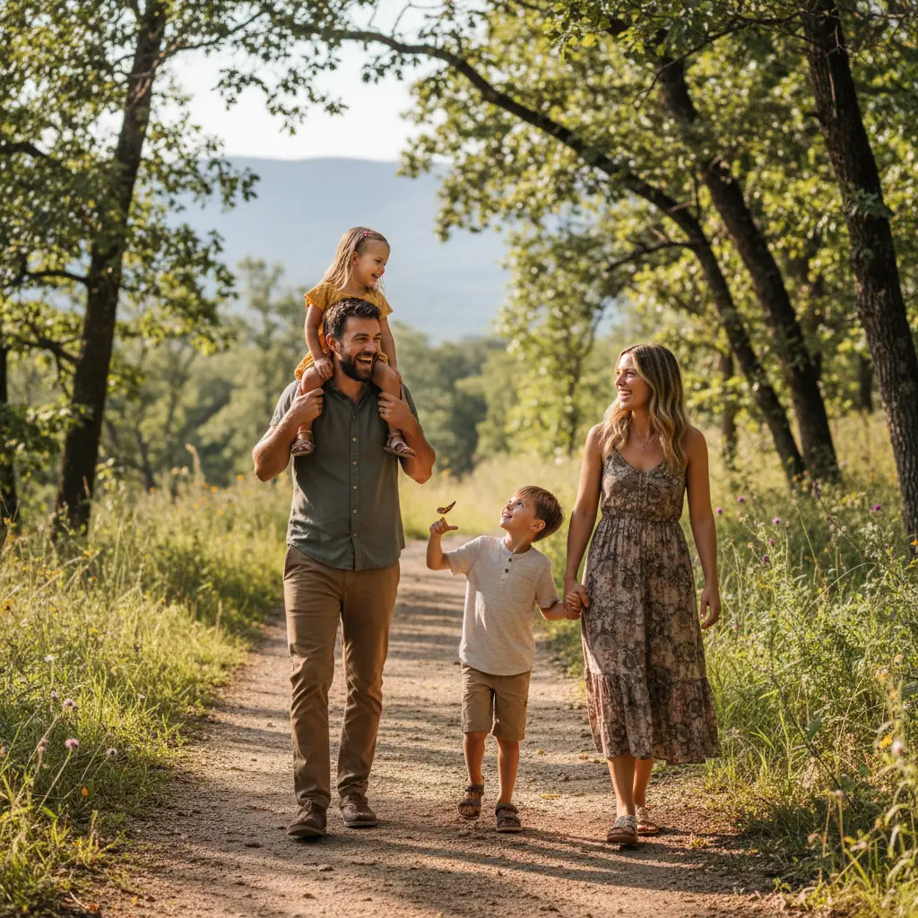 Family walking together without devices.