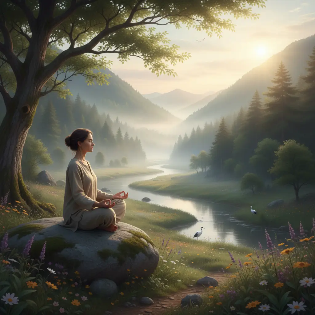 A person meditating in a peaceful setting