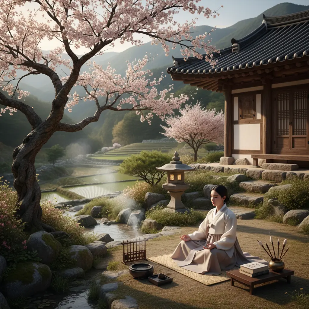 A tranquil outdoor meditation scene in Korea