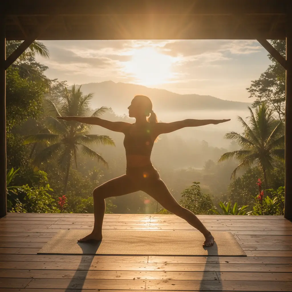 A person practicing yoga in the morning sun