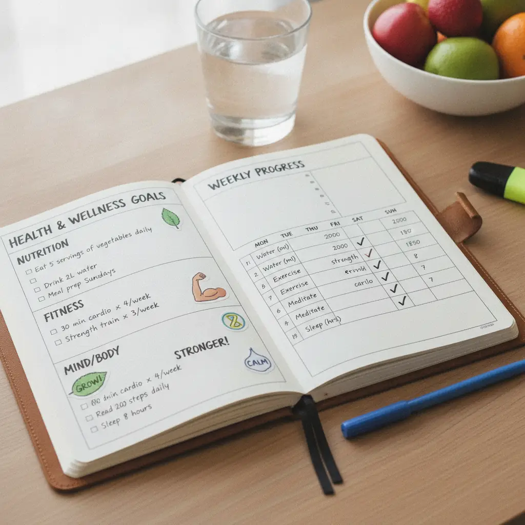 A planner with health goals and progress tracking