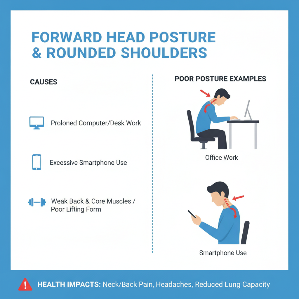 Explain the causes of forward head and rounded shoulders in an infographic format
