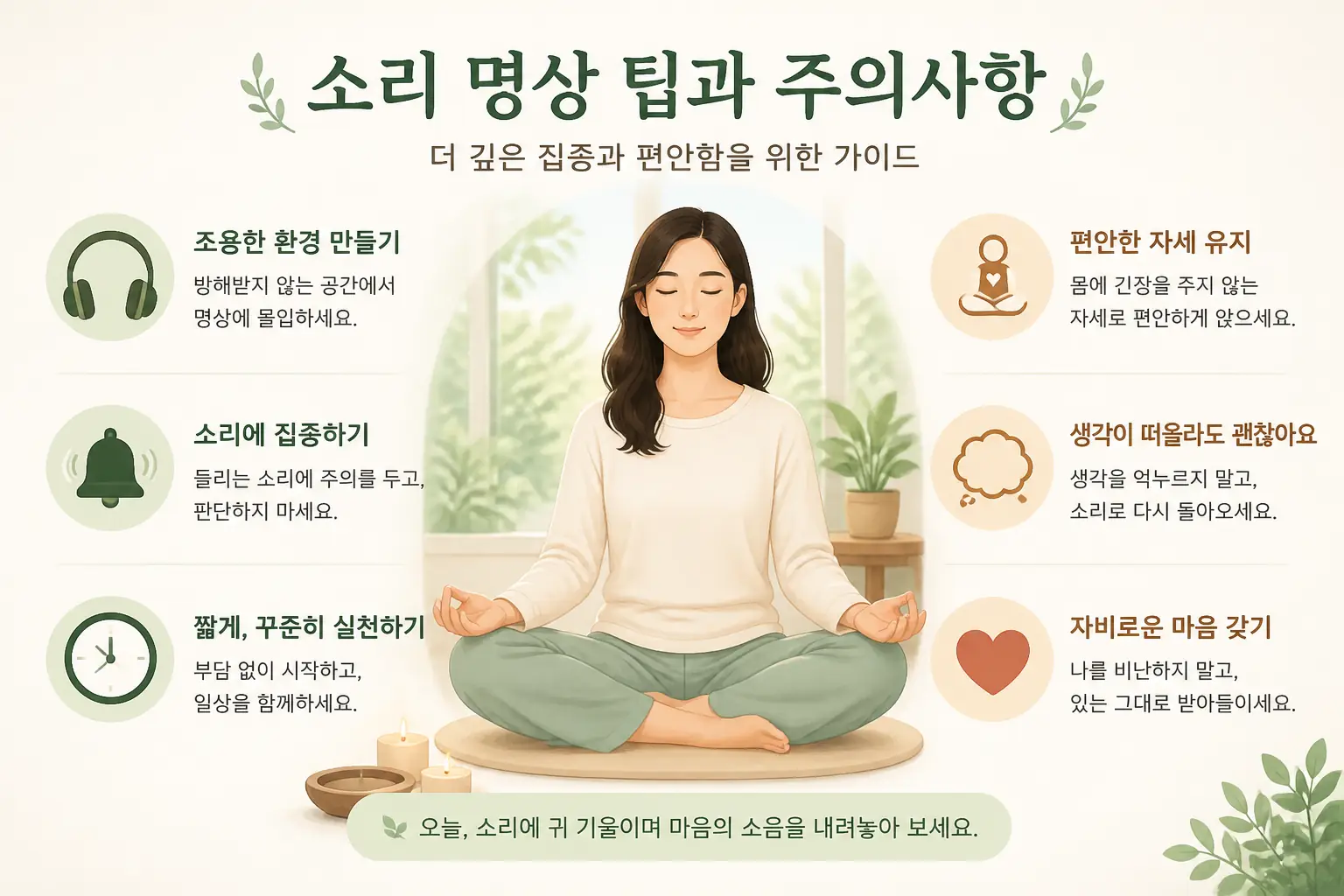 Illustration with tips and precautions for sound meditation