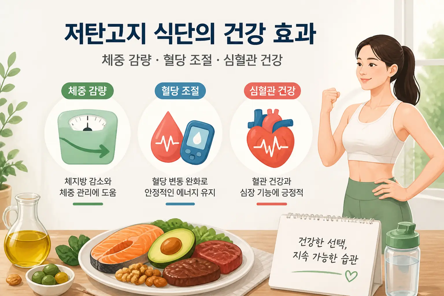 체중 감량, 혈당 조절, 심혈관 건강 효과를 보여주는 일러스트