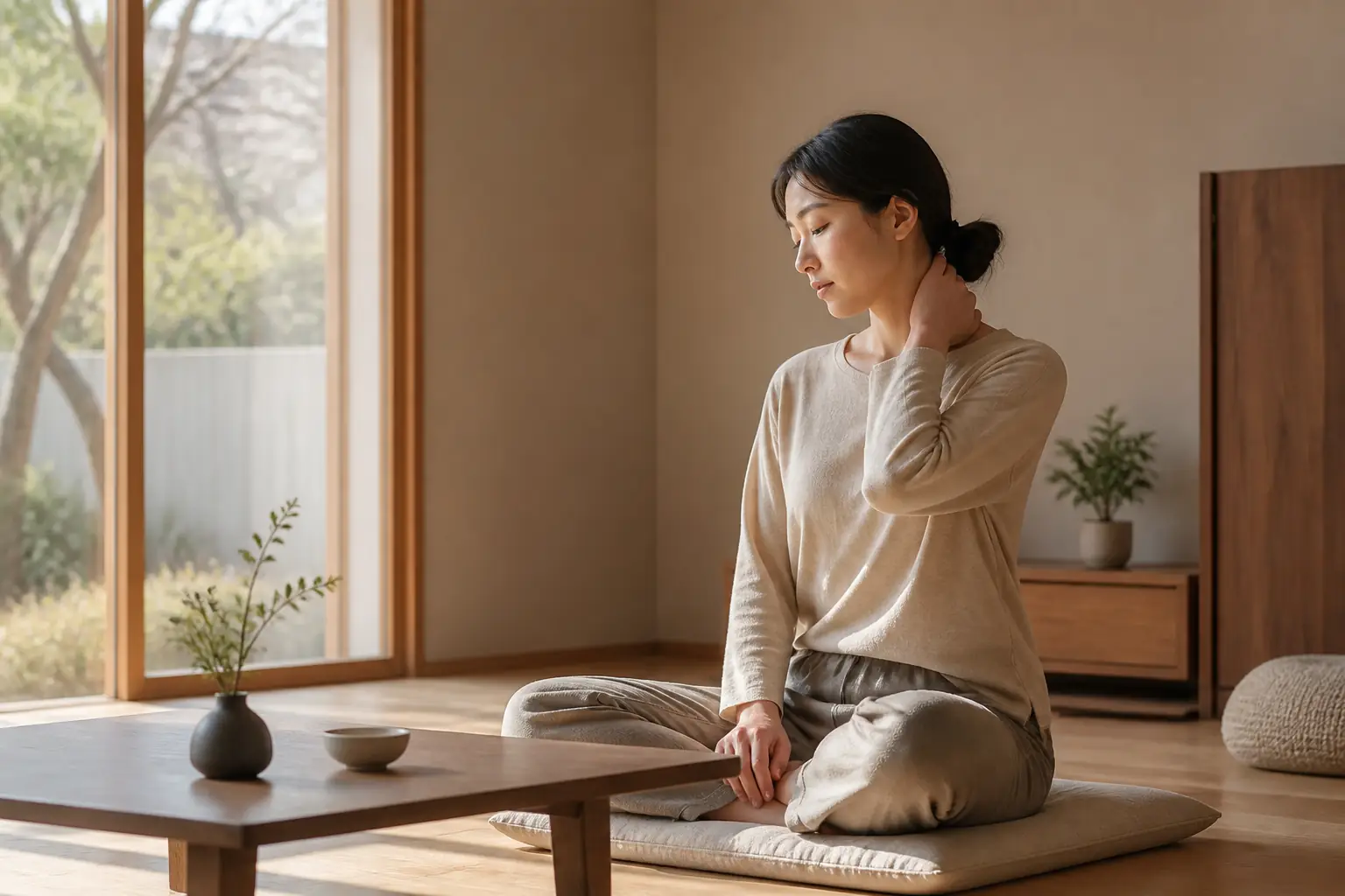 A person on a floor cushion by a window, easing their neck
