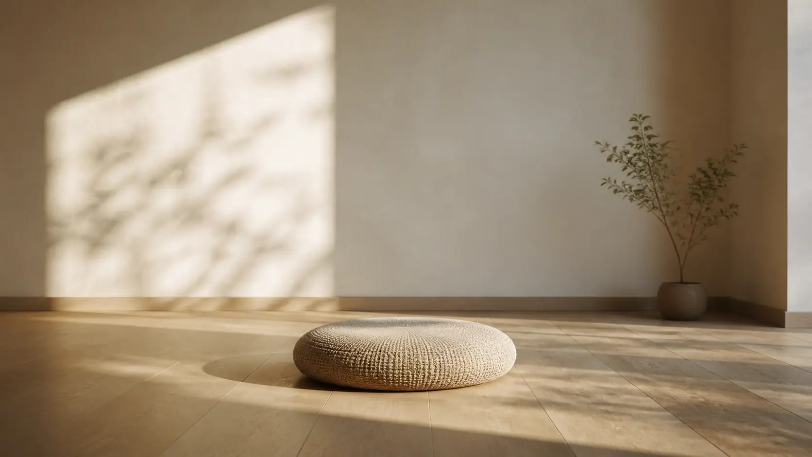 A meditation cushion in a sunlit room