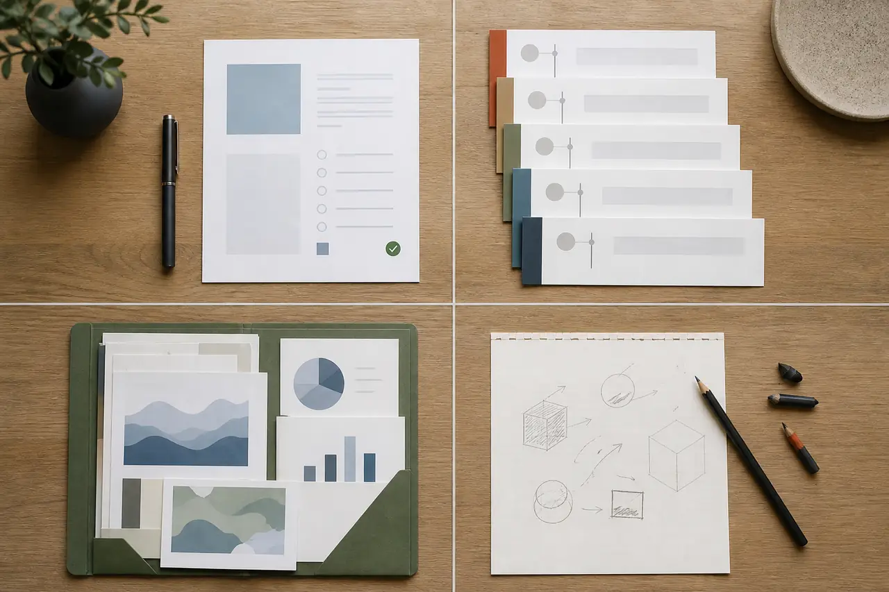 A worktable separating current decisions, change history, supporting evidence, and scratch notes