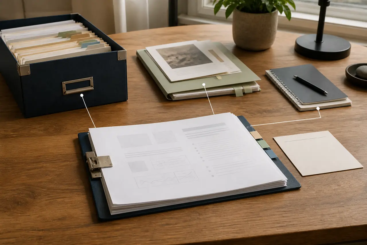 A restart-ready workspace connecting one current source to archives, evidence, and scratch notes