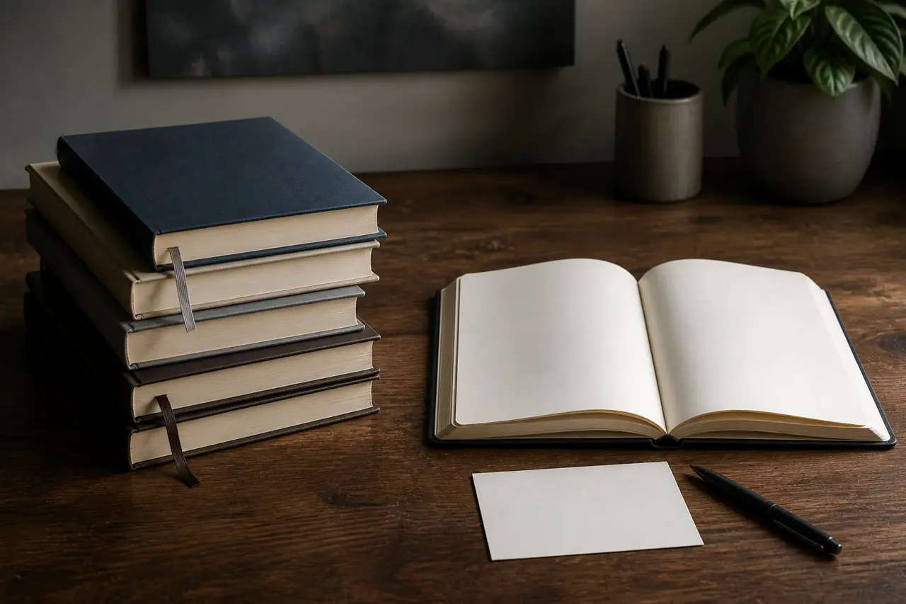A reading desk contrasting a stack of finished books with one book actively being used