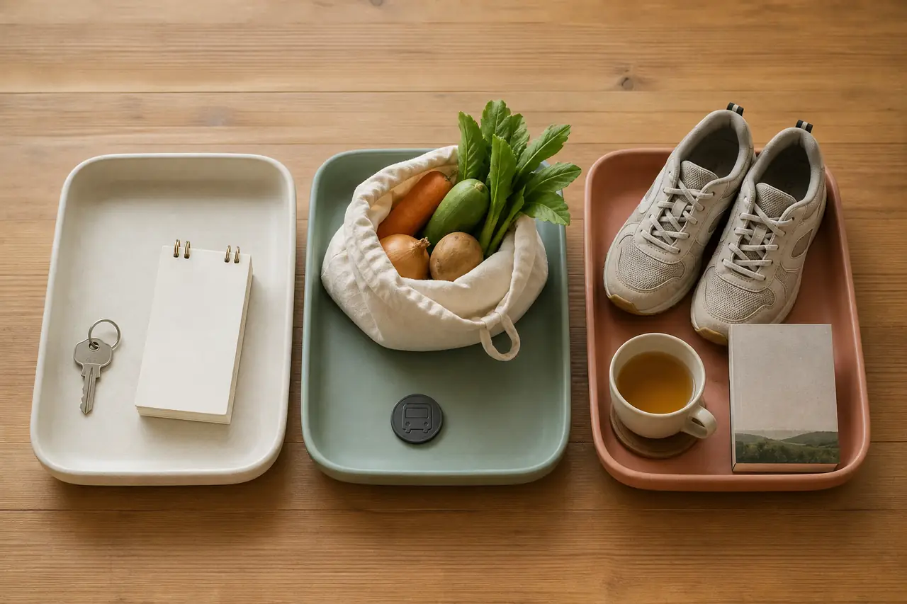 Three practical spending buckets represented by household objects for fixed, flexible, and recovery costs