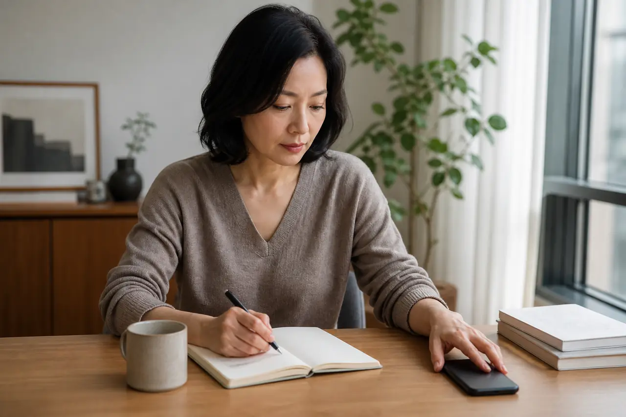 짧은 관찰을 마친 뒤 휴대전화를 내려놓고 다음 행동 하나를 차분히 선택하는 장면