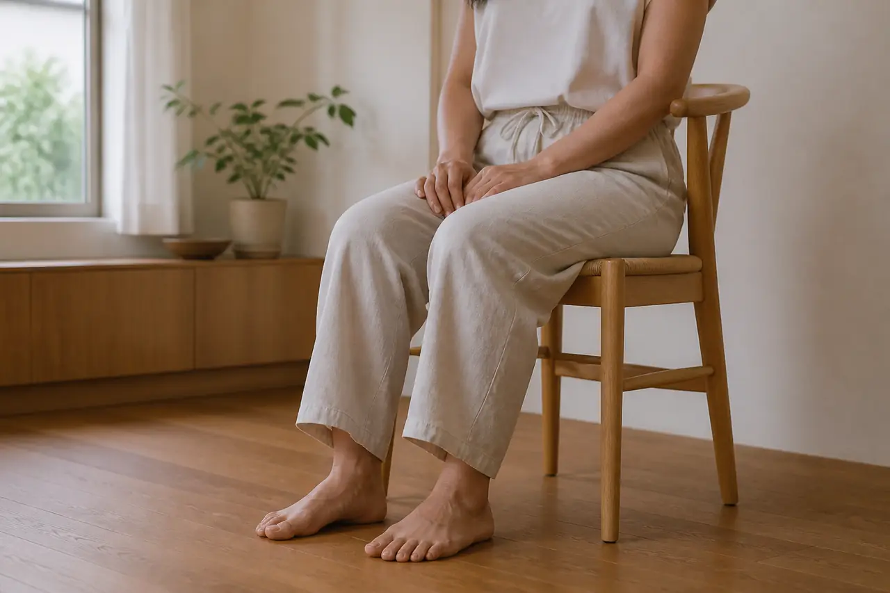 바닥에 안정적으로 놓인 두 발과 무릎 위의 편안한 손, 자연스러운 호흡을 가까이 관찰하는 장면