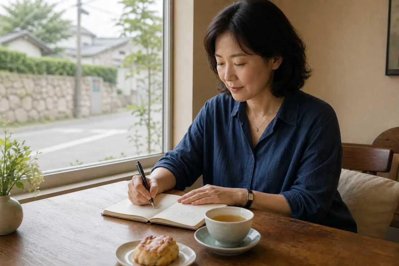 작은 동네 카페 창가에 혼자 앉아 오늘의 첫 경험을 세 문장으로 적는 여성