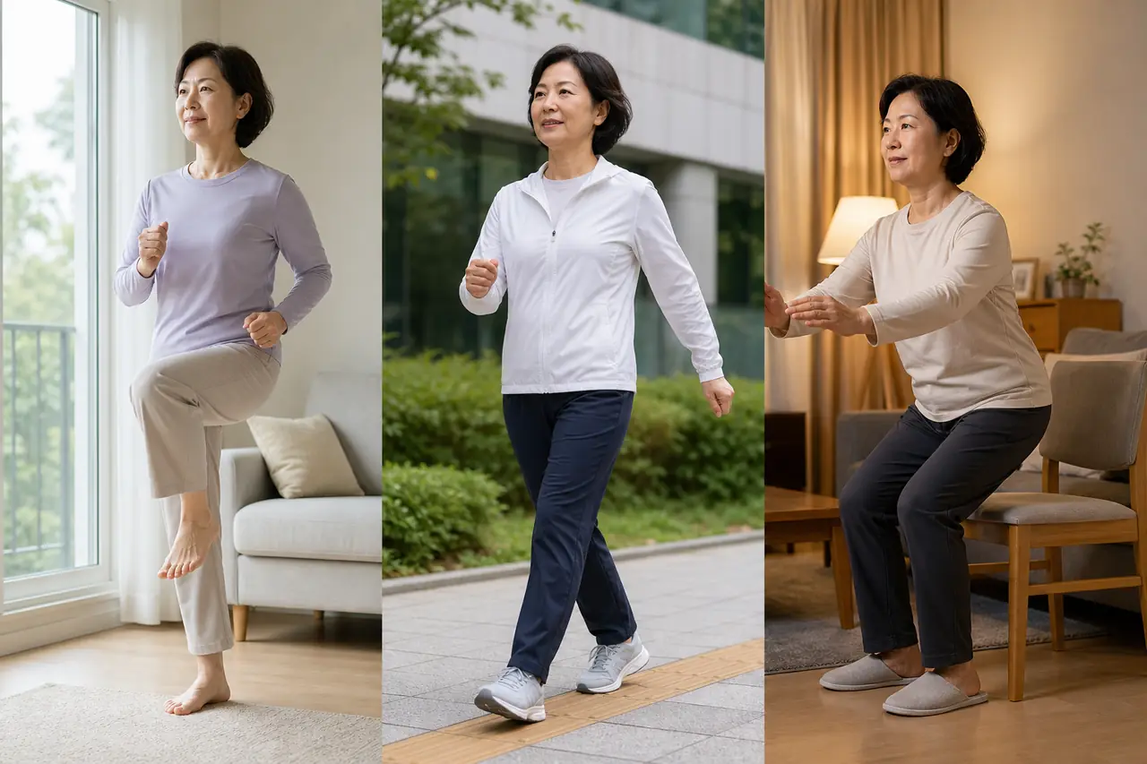 아침에는 제자리 걷기, 낮에는 빠르게 걷기, 저녁에는 의자에서 앉았다 일어나는 세 번의 짧은 움직임