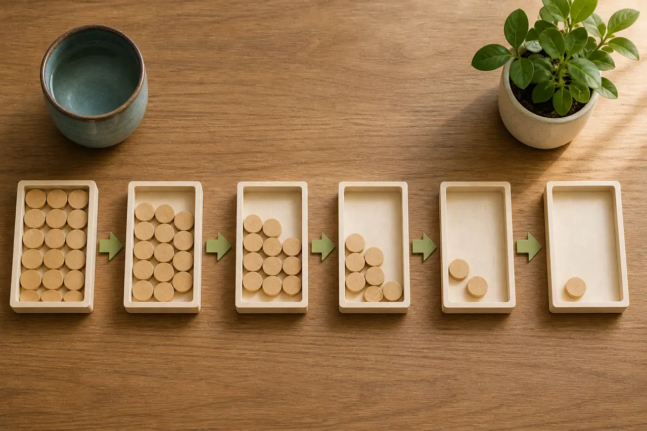 A runway map using wooden tokens to show business reserves decreasing across six operating periods
