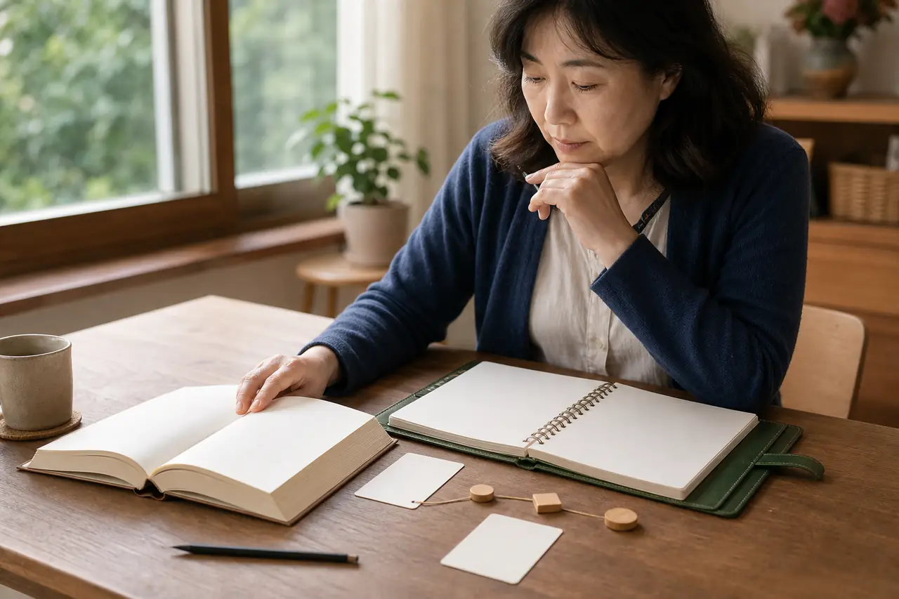 An adult reader comparing a book idea with a weekly planner and everyday notes to find its conditions