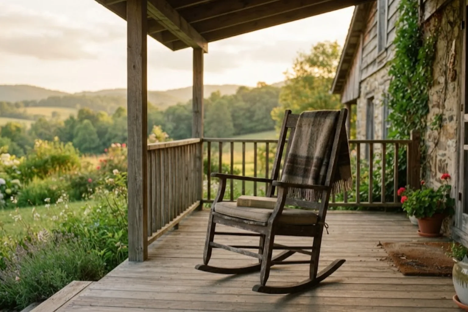 An empty rocking chair with a book on the seat, on a quiet country porch