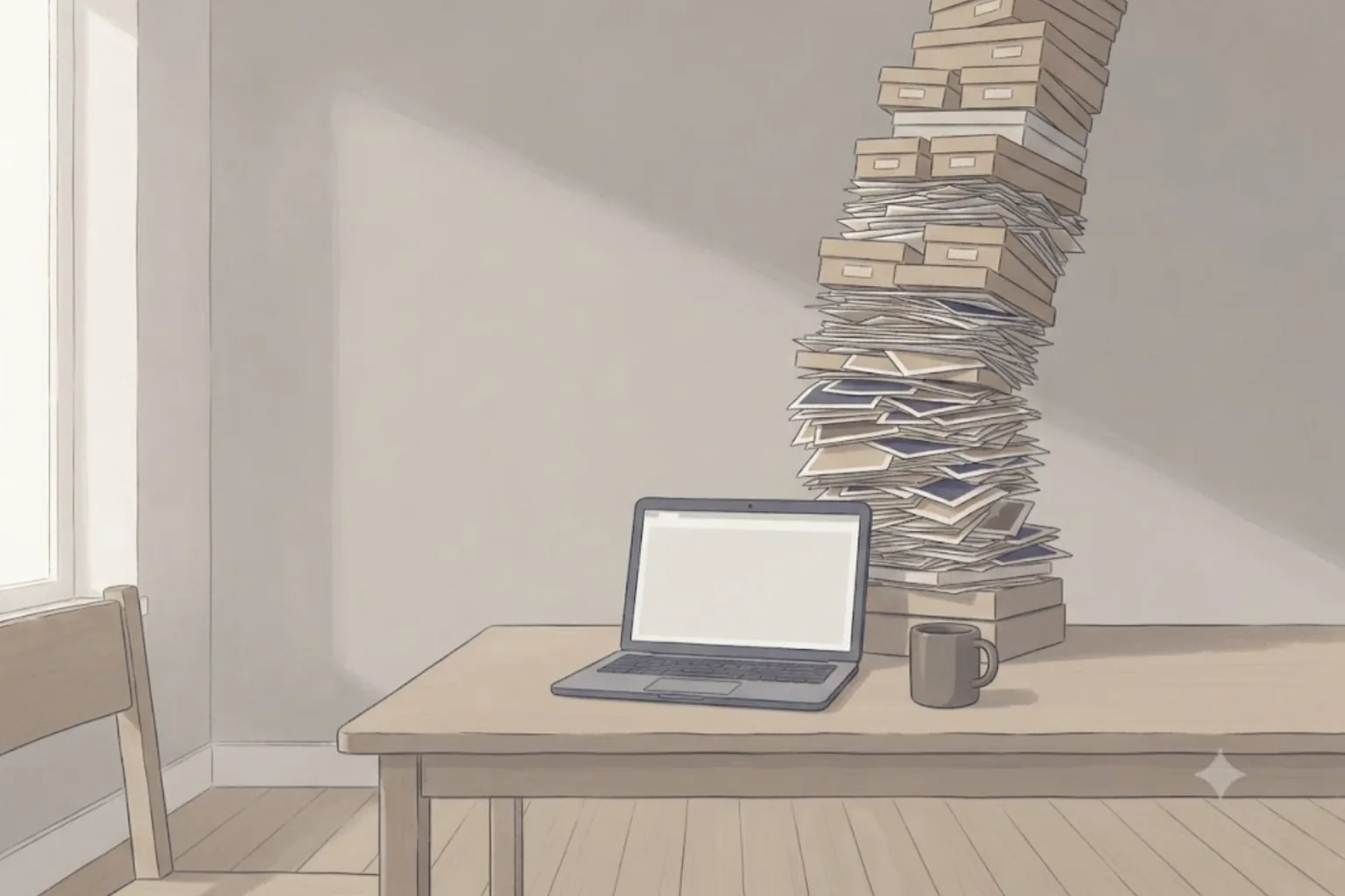 A laptop on a desk with a tall, leaning stack of photos and boxes behind it