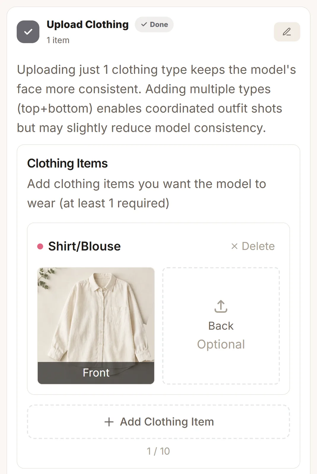 A cream shirt uploaded as the front image. The back slot can stay empty