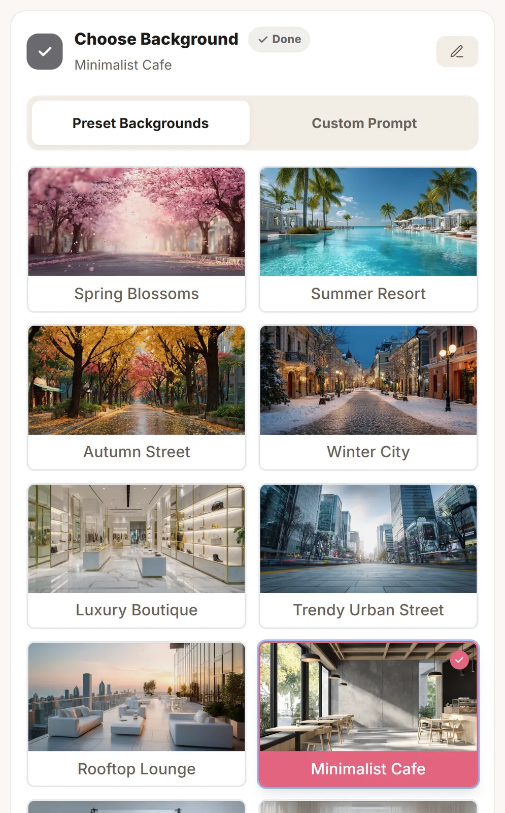 The background presets. The selected one gets a check mark