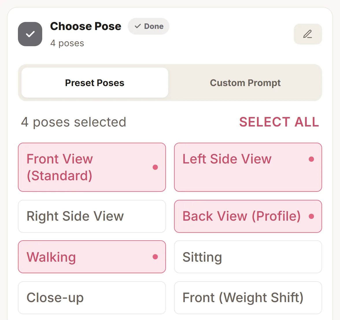The pose list, with four poses selected by default
