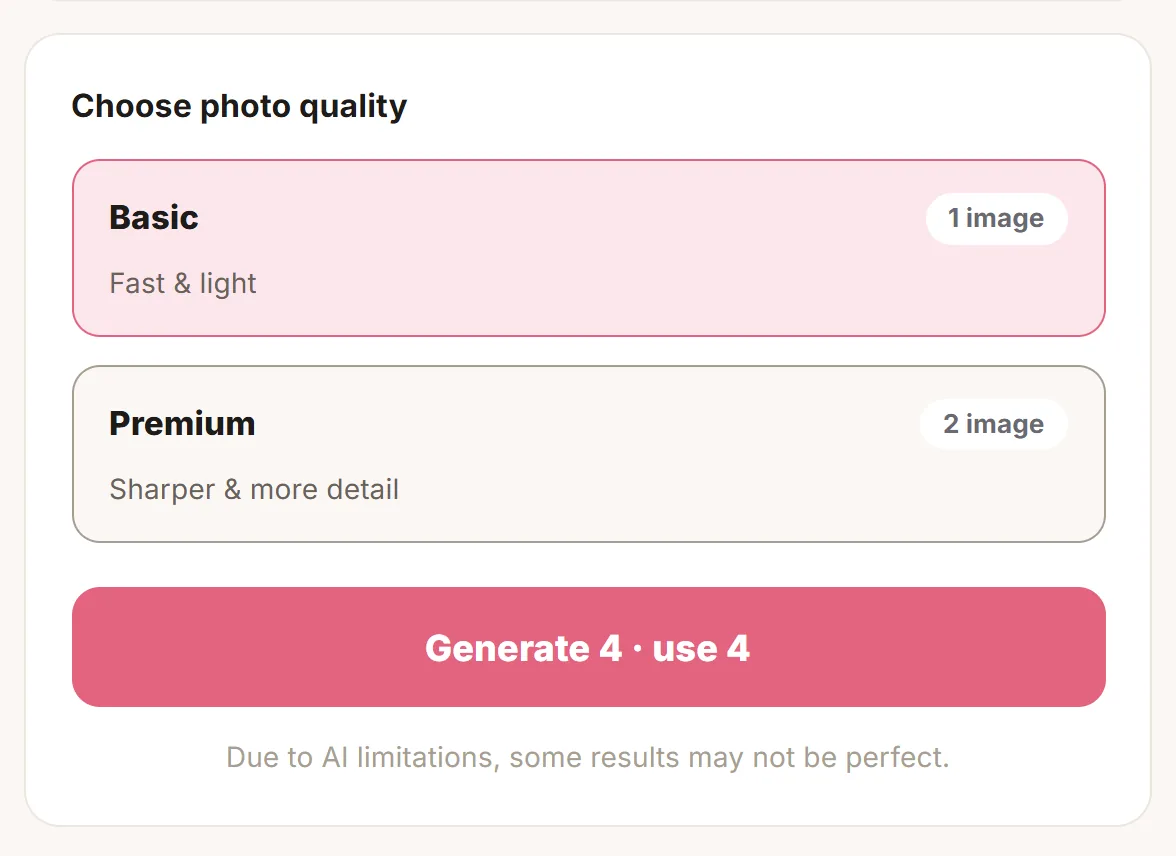 Quality selection and the generate button, which shows the credit cost up front