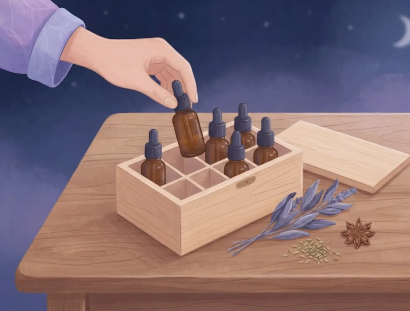 나무 상자에 작은 갈색 오일병들을 넣어 정리하고, 옆에 세이지 잎과 펜넬 씨앗, 스타아니스가 놓인 일러스트