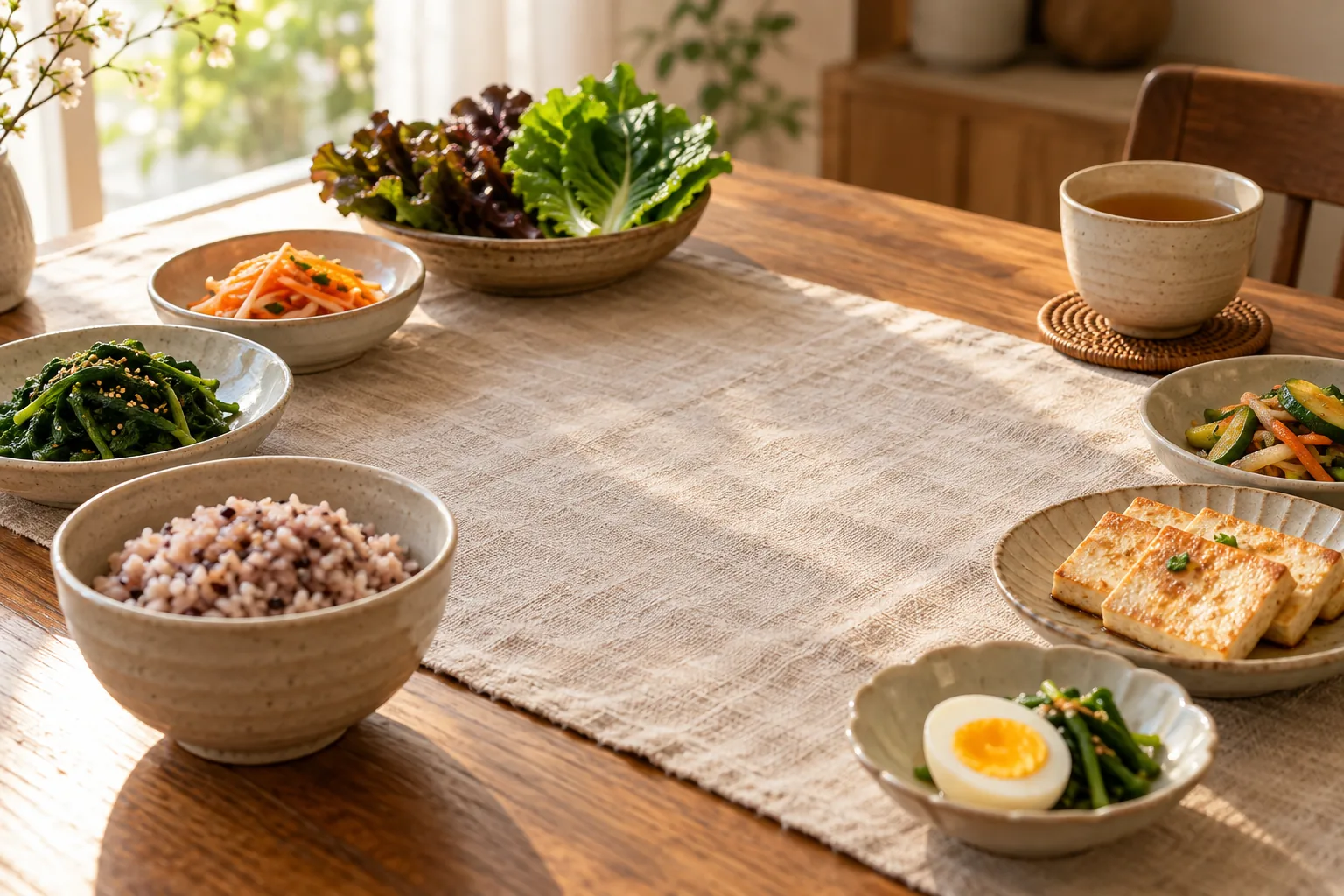 A table with the center left open, surrounded by mixed-grain rice, vegetable side dishes, pan-fried tofu, a halved boiled egg, and barley tea