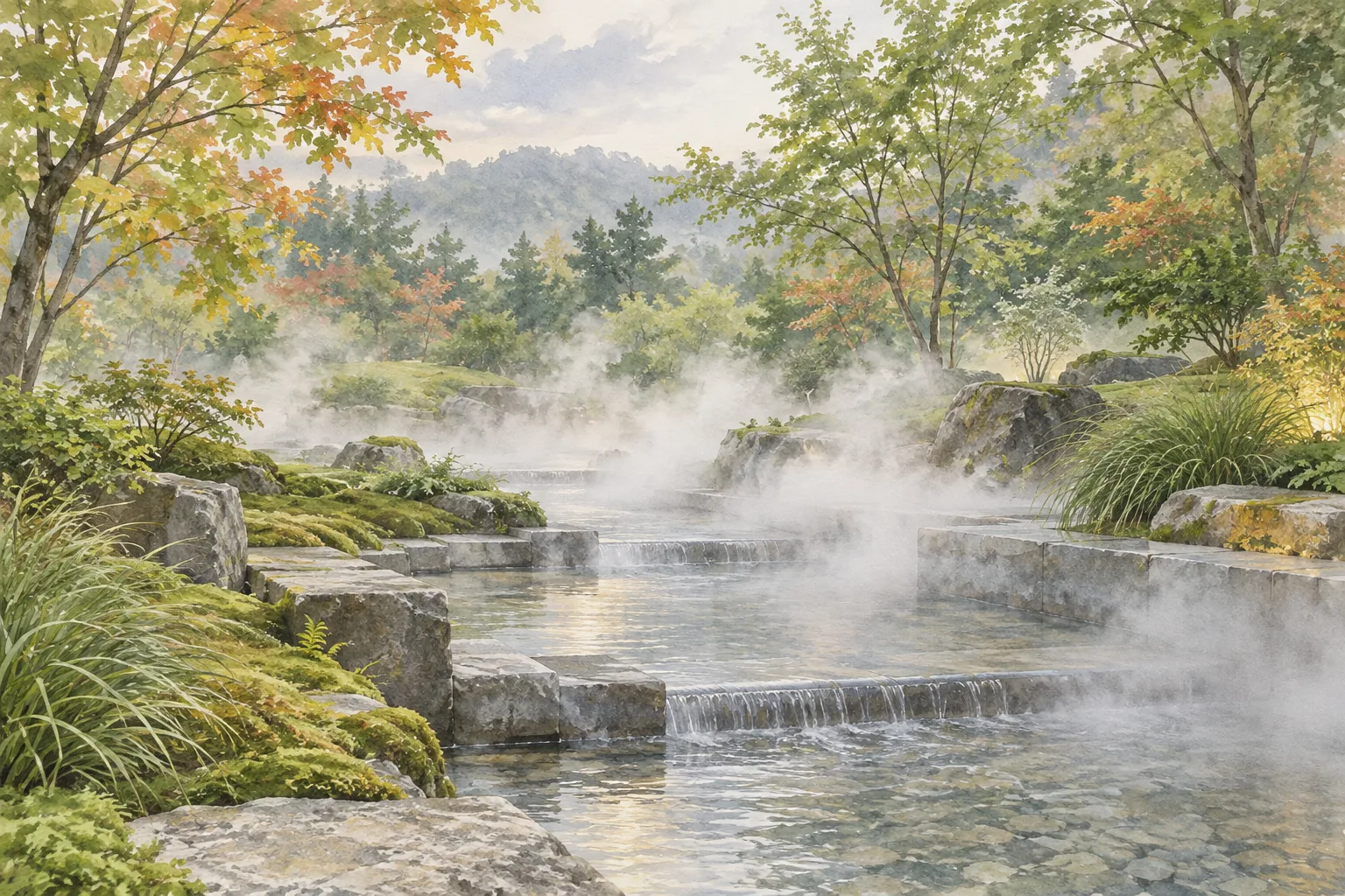 An illustration made while recalling that garden — low mist rising over water flowing along a stone channel