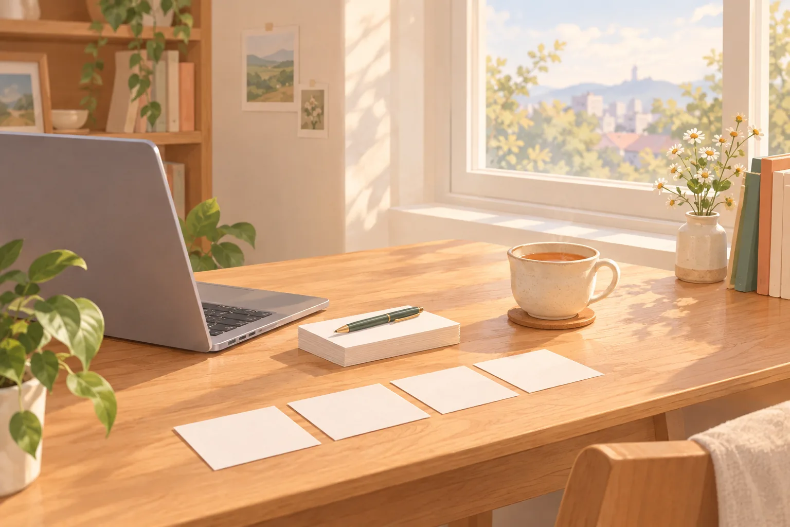 An illustration of a desk by a window with a laptop and a few blank cards, made with AI
