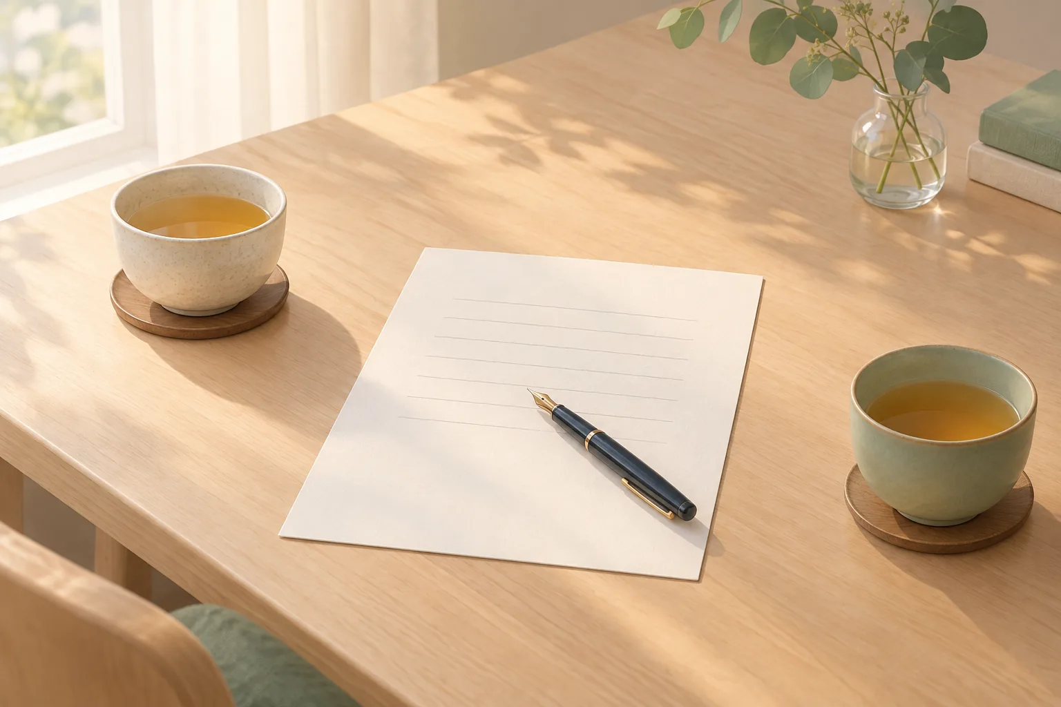 A blank sheet of paper and a pen between two cups of tea — AI-generated image